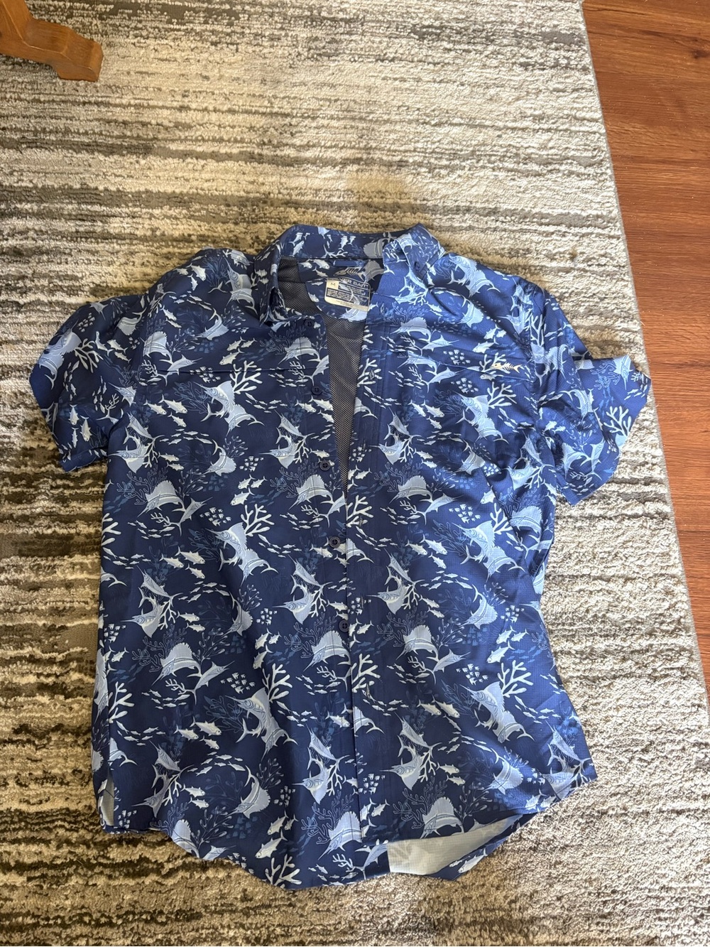 Casual Short-Sleeve Navy Blue Printed Button-Down Shirt